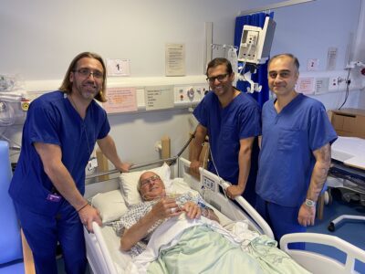 (L-R) Dr Fernandez, Dr Venugopal and Dr Khan with Dennis Hauton who was the first patient to have an Impella device fitted at the Lincolnshire Heart Centre during his procedure